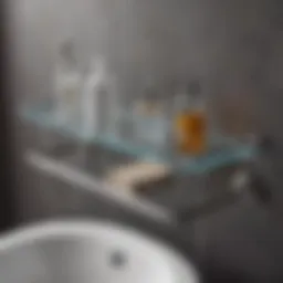 Elegant glass bathroom shelf with rail showcasing decorative items