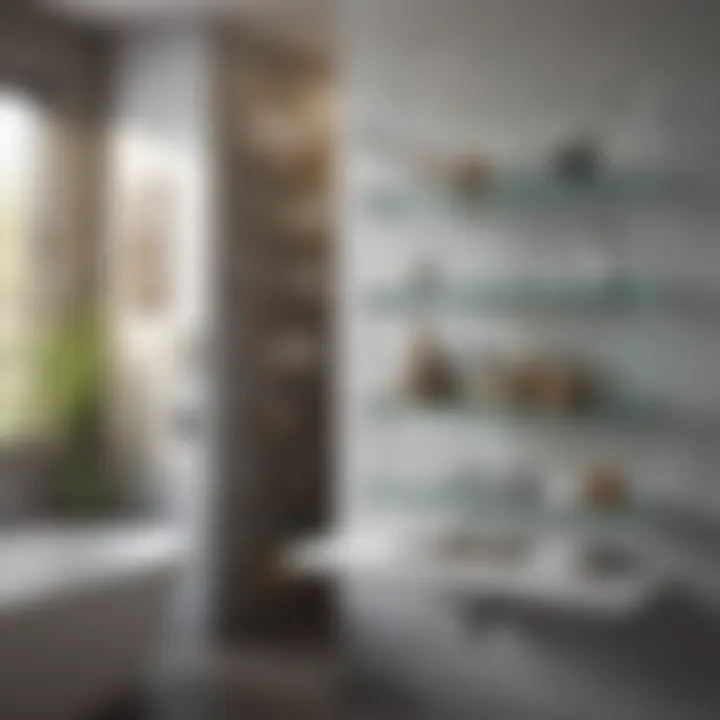 Trendy bathroom decor highlighting the use of glass shelves for storage