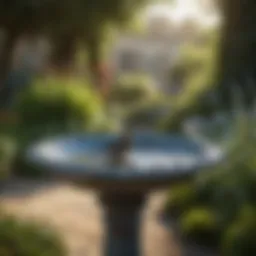 A beautifully designed glazed bird bath in a lush garden setting