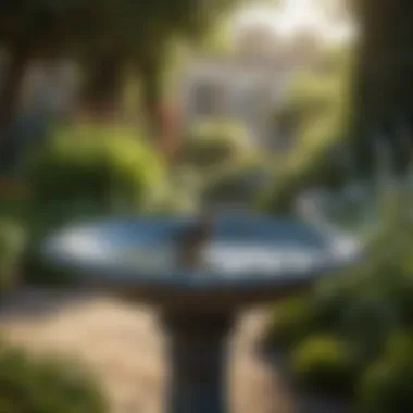 A beautifully designed glazed bird bath in a lush garden setting