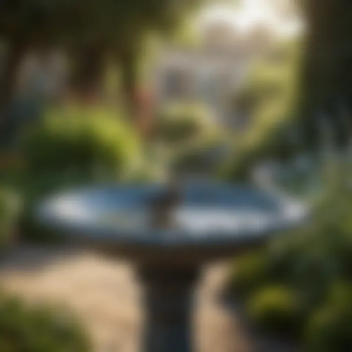 A beautifully designed glazed bird bath in a lush garden setting
