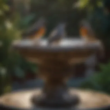 Birds enjoying a refreshing drink from a glazed bird bath