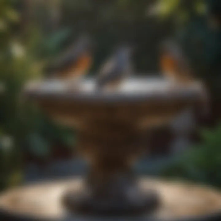 Birds enjoying a refreshing drink from a glazed bird bath