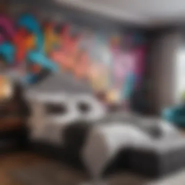 Vibrant Graffiti in Modern Bedroom Design Vibrant graffiti wallpaper accentuating a modern bedroom