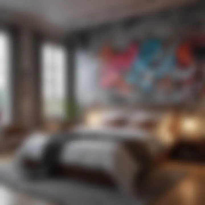 Stylish Bedroom Featuring Graffiti Wallpaper An overview of a stylish bedroom with graffiti wallpaper