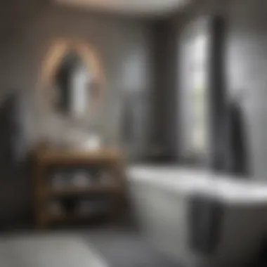 Stylish Bathroom with Grey Striped Towels Stylish bathroom interior featuring grey striped bath towels as a decor element