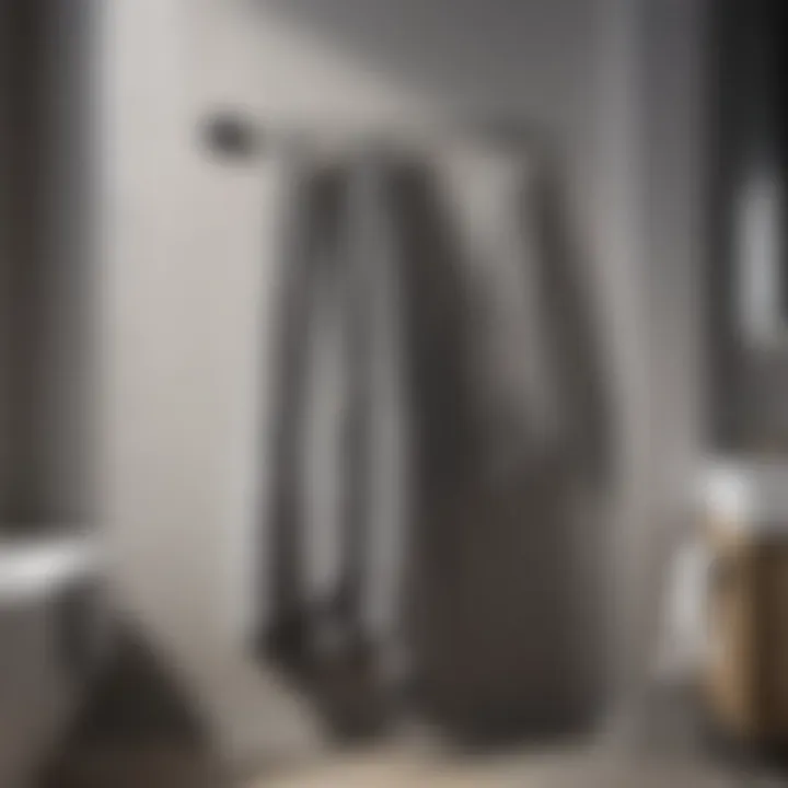 Elegant Drape of Grey Striped Bath Towels Elegant grey striped bath towels elegantly draped on a towel rack