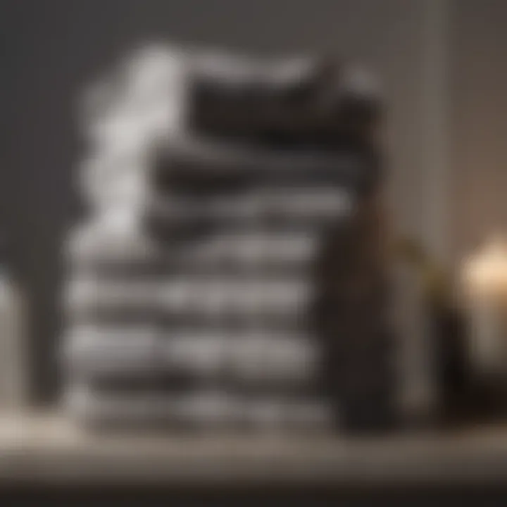 Neatly Folded Grey Striped Bath Towels Neatly folded grey striped bath towels stacked on a shelf