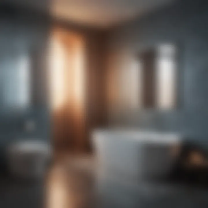 Contemporary bathroom with unique tile work and ambient lighting.