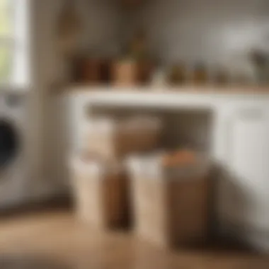 Organized interior of a laundry room featuring a two bushel basket