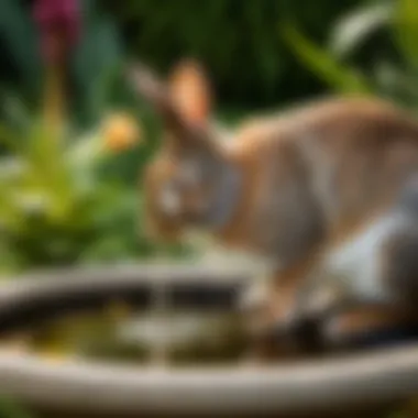 Bunny drinking from a bird bath in a serene garden