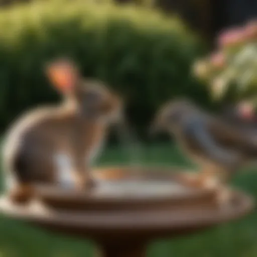 Curious bunny inspecting a bird bath