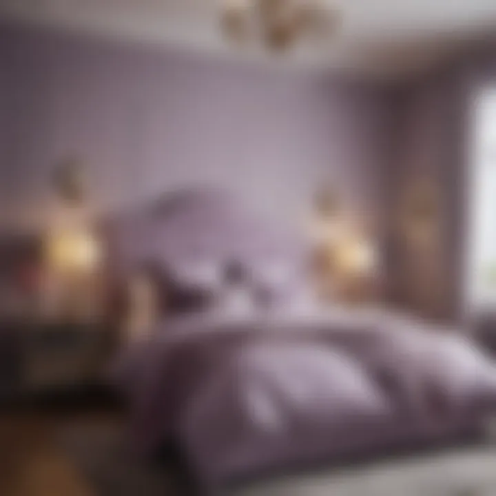 Stylish bedroom featuring lavender and complementary colors