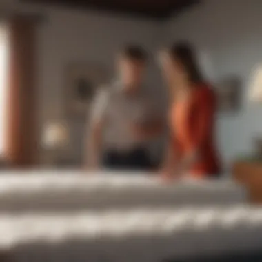 Informed Customer Interaction A customer examining a mattress with a salesperson's assistance