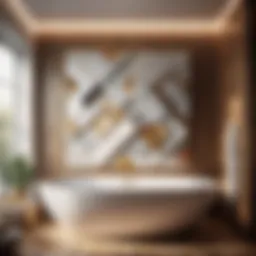 Abstract geometric wall art in bathroom