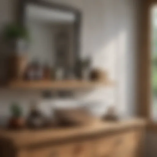 Rustic bathroom shelf featuring natural wood and decorative items