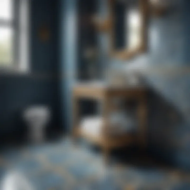 Luxurious mosaic tile bathroom floor in shades of blue and gold