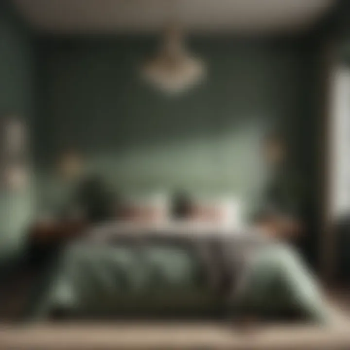 Muted Green Tranquility A cozy bedroom with muted green hues and natural light