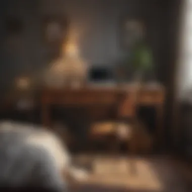 Cozy bedroom workspace with a vintage desk and accessories