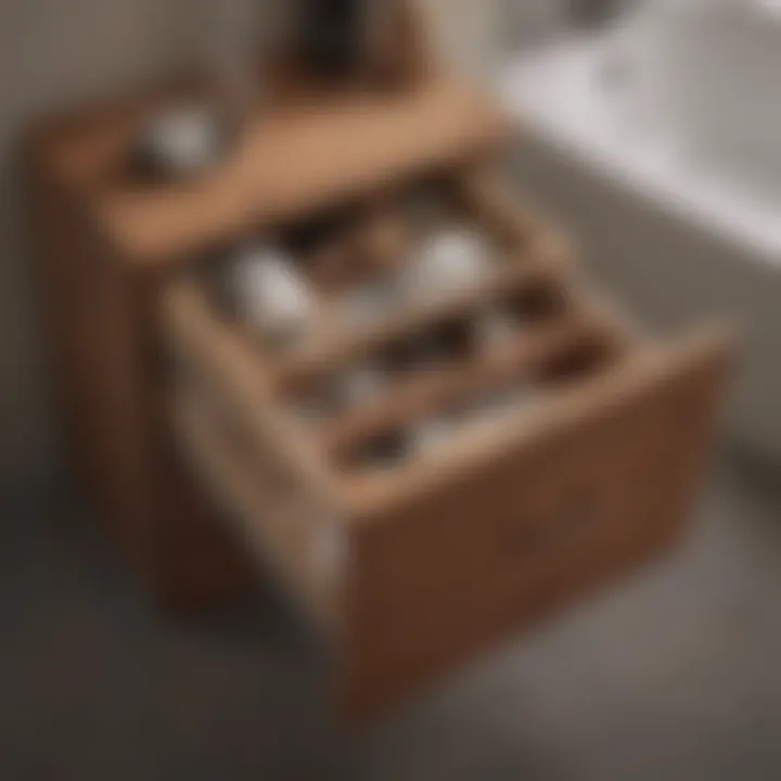 Stylish narrow storage drawer made from natural wood.