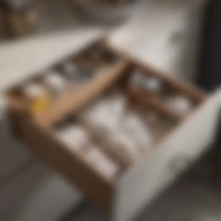 A beautifully organized narrow drawer filled with bathroom essentials.