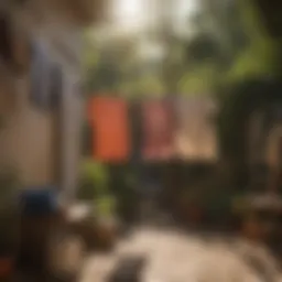 A serene outdoor laundry scene with clothes drying naturally in the sun.