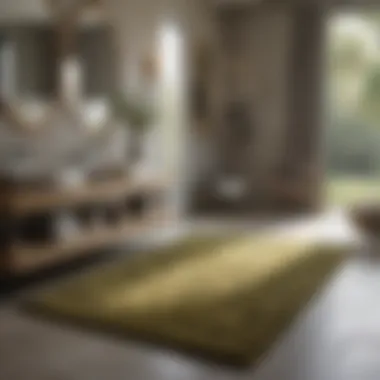 Trendy olive rug complementing modern bathroom fixtures