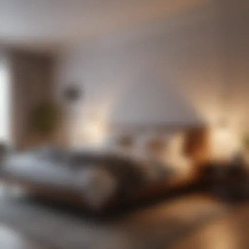 A cozy, minimalist bedroom with warm lighting