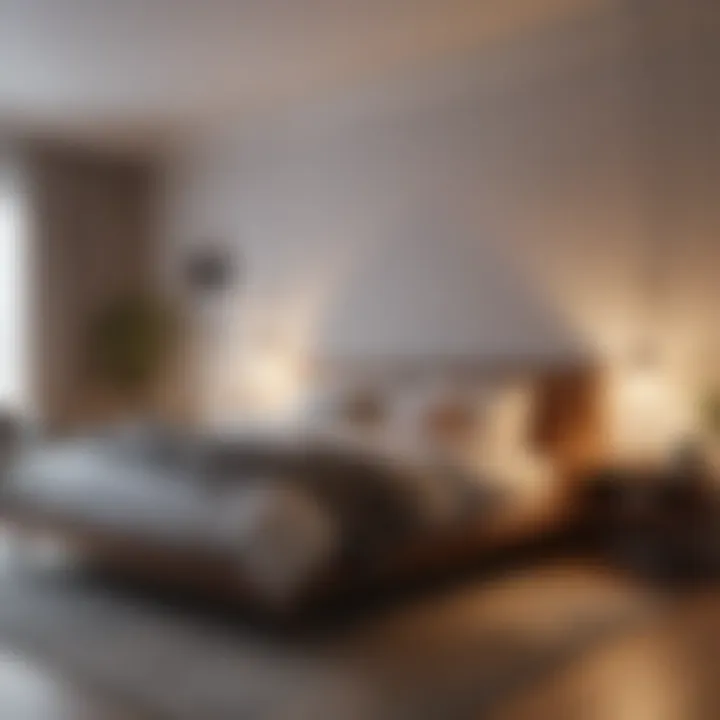 A cozy, minimalist bedroom with warm lighting