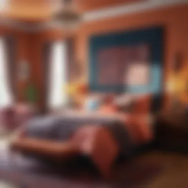 A vibrant bedroom featuring a bold color palette