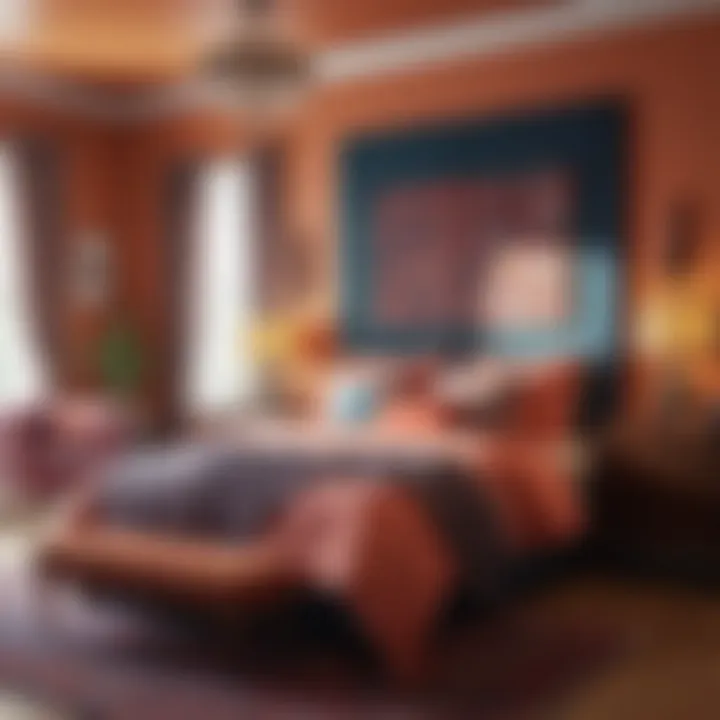 A vibrant bedroom featuring a bold color palette