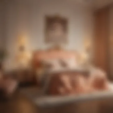 Elegant bedroom lighting casting warm peach hues, enhancing the ambiance.
