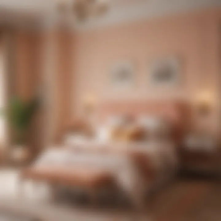 A serene bedroom adorned in soft peach tones, showcasing a harmonious blend of decor.
