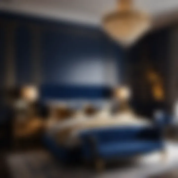 Luxurious Dark Blue Bedroom with Gold Accents