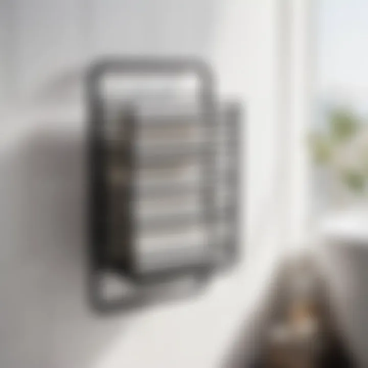Black Metal Minimalist Rack Design Sleek and minimalist black metal magazine rack in modern bathroom