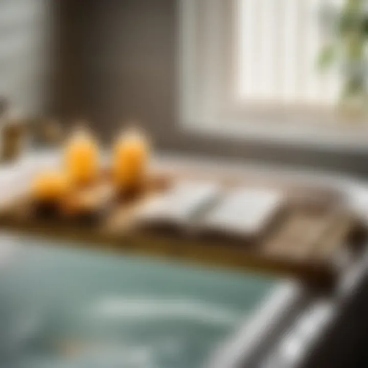 Chic bamboo bath tray with a book and candle in a relaxing bath setup