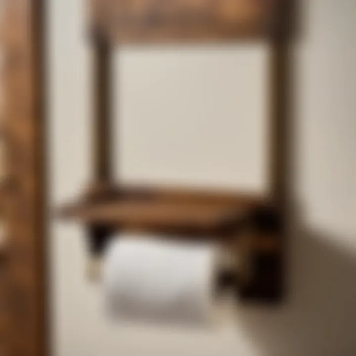 Rustic wooden toilet paper holder in a cozy farmhouse bathroom