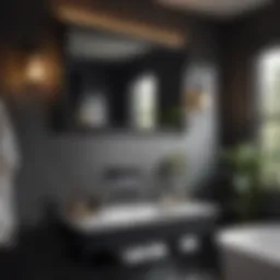 Stylish black framed bath mirror reflecting modern bathroom decor