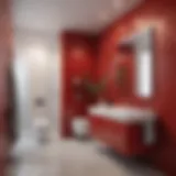 Vibrant red accent wall in a modern bathroom