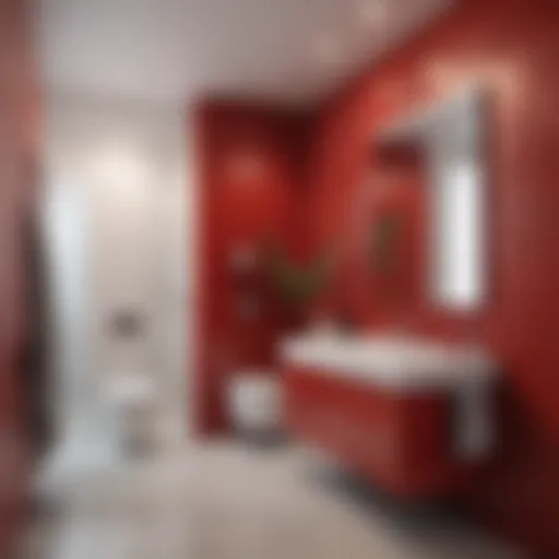 Vibrant red accent wall in a modern bathroom