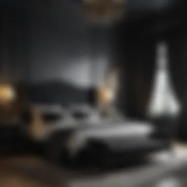 Fusion of contemporary and gothic design elements in a sophisticated bedroom layout.