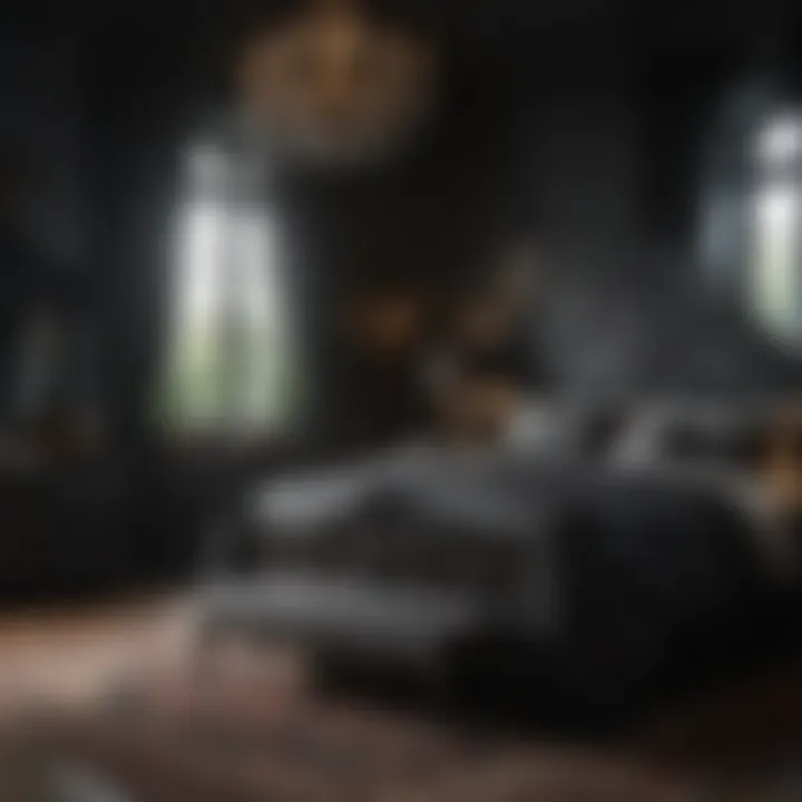 Elegant black gothic bedroom set featuring intricate designs and dark wood finishes.