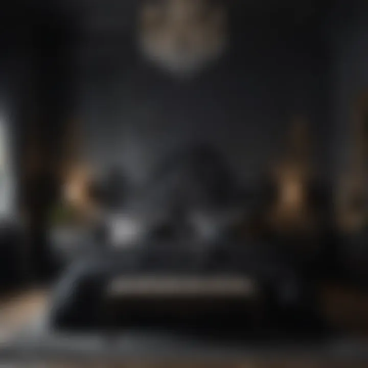 A beautifully styled gothic bedroom showcasing dark color palettes and thematic decor.
