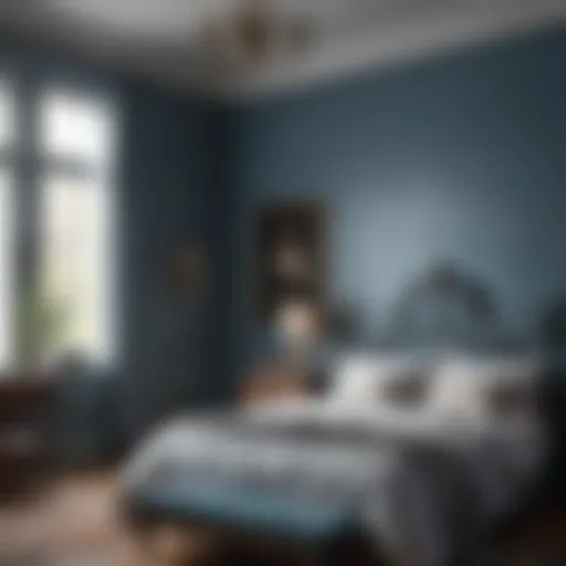 A serene bedroom with a calming blue wall painting