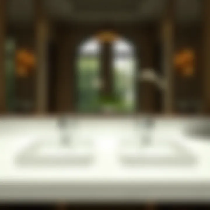 Elegant double sink setup with marble countertop and sophisticated lighting