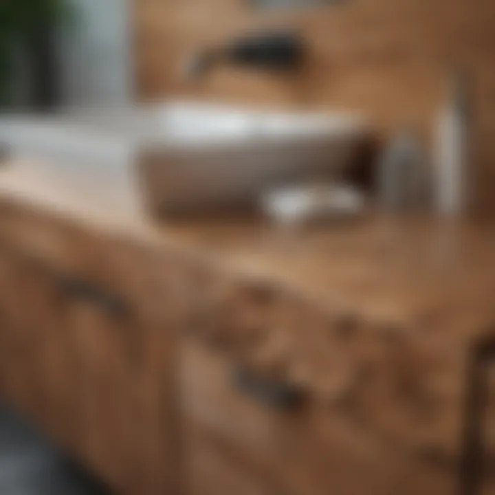 Close-up of natural wood grain on a beautifully designed bathroom vanity