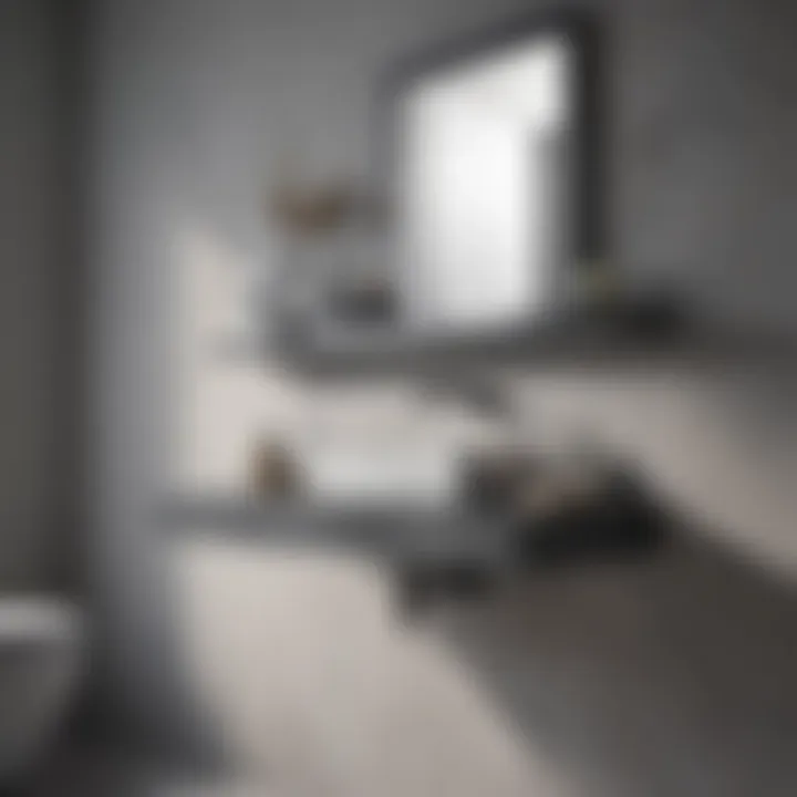 Minimalist Gray Bathroom Shelf Design Elegant gray bathroom shelf showcasing minimalist design and decorative items