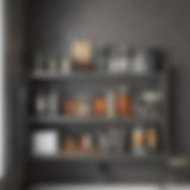Organized Bathroom Essentials on Gray Shelves Functional gray shelves displaying neatly organized bathroom essentials
