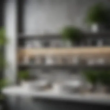 Modern Gray Shelves with Greenery Stylish gray shelves in a modern bathroom setting with lush greenery