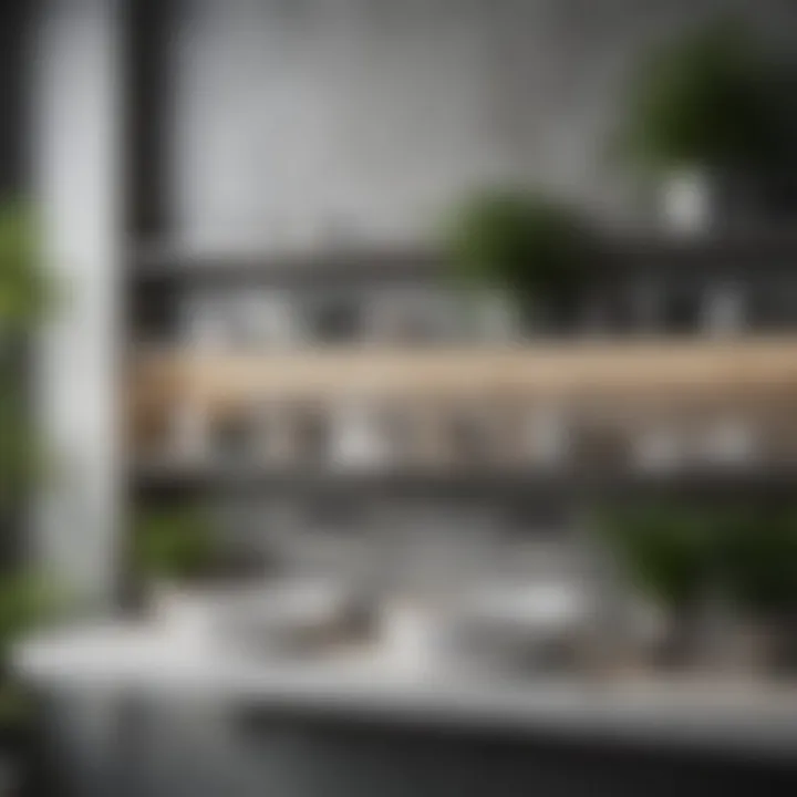 Modern Gray Shelves with Greenery Stylish gray shelves in a modern bathroom setting with lush greenery